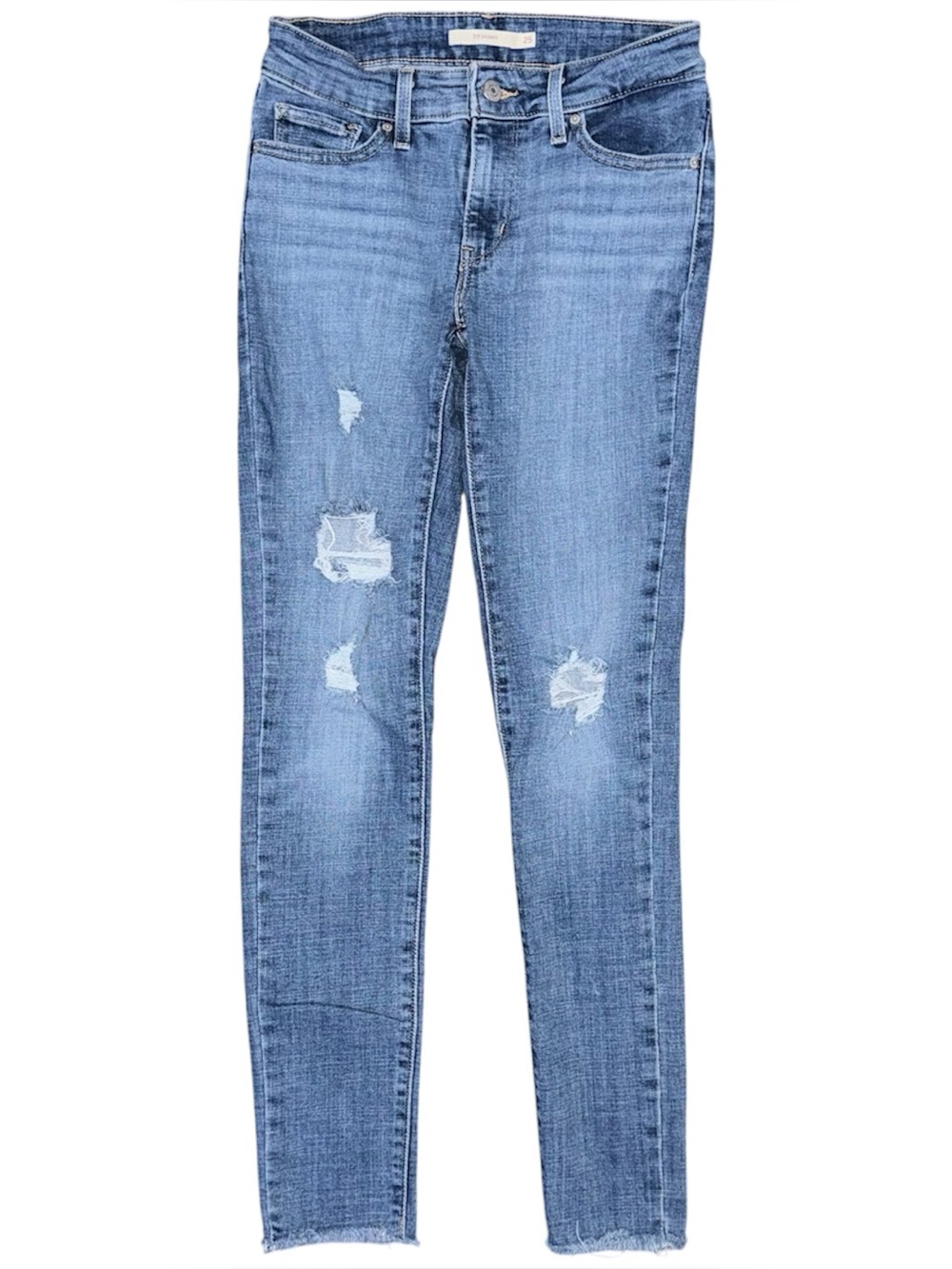 Levi’s 711 Skinny Distressed Jeans Size 25x29 Stretch Medium Blue Denim Raw Hem